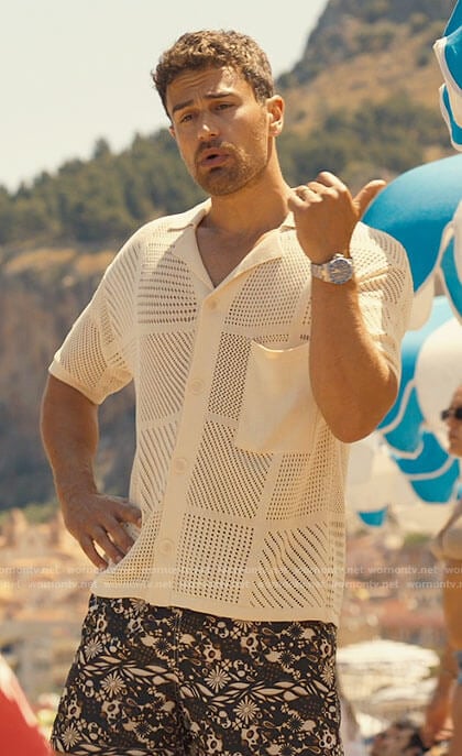 Cameron's cream eyelet beach shirt on The White Lotus