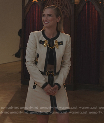 Camille's white leather trim embellished jacket and skirt on Tyler Perrys Sistas