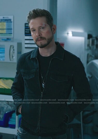 Conrad's black zip denim jacket on The Resident