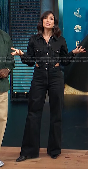 Courtney Lopez's black cutout denim jumpsuit on Access Hollywood