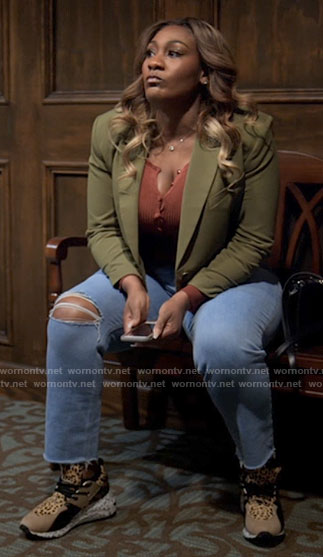 Danni's olive green cropped blazer and leopard sneakers on Tyler Perrys Sistas