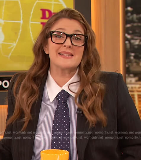 Drew's black pinstripe blazer and blouse on The Drew Barrymore Show