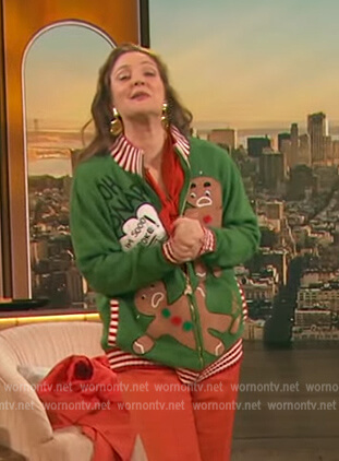 Drew's green Christmas sweater on The Drew Barrymore Show