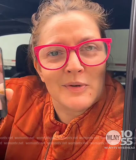 Drew's orange quilted jacket on The Drew Barrymore Show
