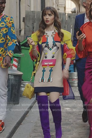 Emily's printed mini dress and jacket on Emily in Paris