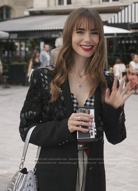 Emily's checked bra top and black blazer on Emily in Paris