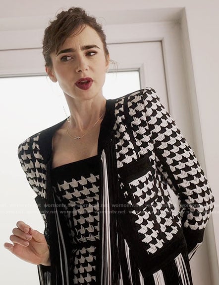Emily's fringed houndstooth jacket on Emily in Paris