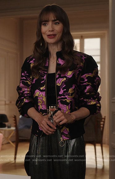 Emily's metallic pink camo bomber jacket on Emily in Paris