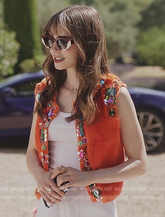 Emily's orange rhine stone embellished vest on Emily in Paris
