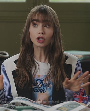 Emily's white graphic tee on Emily in Paris