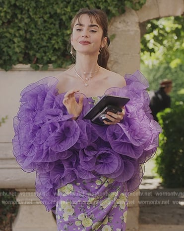 Emily's purple floral ruffle jacket on Emily in Paris