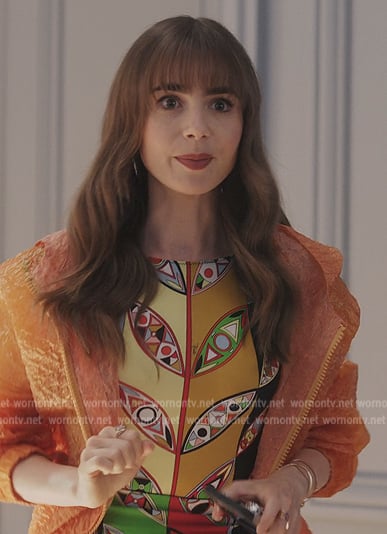Emily's printed bodysuit on Emily in Paris