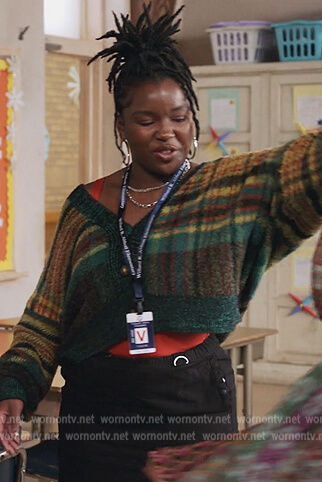 Erika's plaid fuzzy cardigan on Abbott Elementary