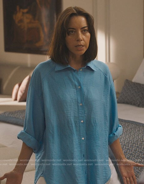 Harper's blue oversized button down shirt on The White Lotus