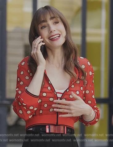 Emily's red polka dot jacket on Emily in Paris