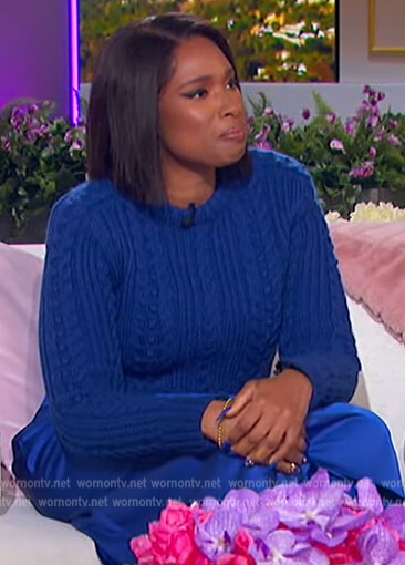 Jennifer's blue cable knit sweater on The Jennifer Hudson Show