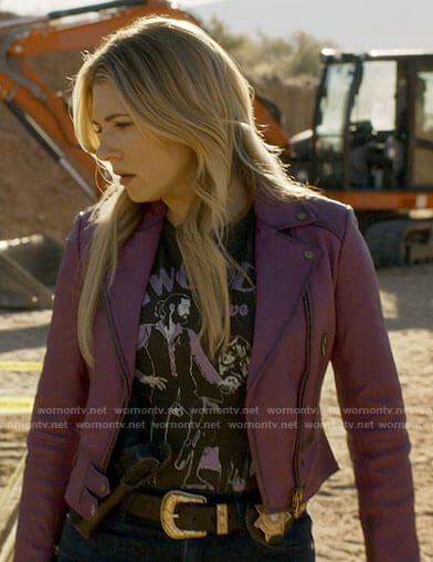 Jenny's purple leather jacket and Fleetwood Mac tee on Big Sky