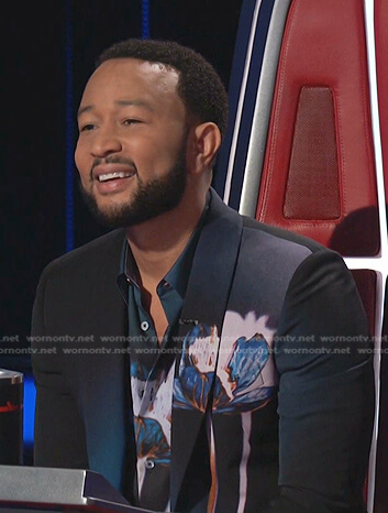 John's black floral print shirt and blazer on The Voice