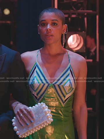 Julien's metallic green dress and pearl clutch on Gossip Girl
