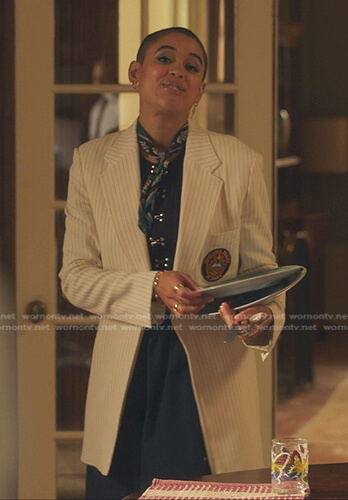 Julien's navy hook cropped top and white pinstripe blazer on Gossip Girl