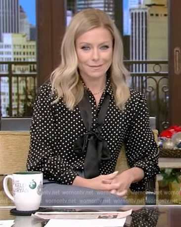 Kelly's black polka dot blouse on Live with Kelly and Ryan