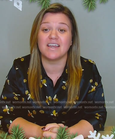 Kelly's black bee print satin blouse on The Kelly Clarkson Show