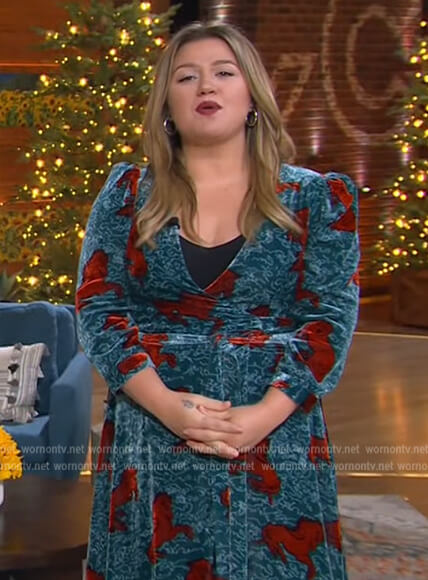 Kelly's blue horse print wrap dress on The Kelly Clarkson Show