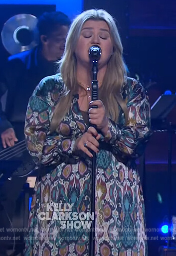 Kelly's printed v-neck asymmetric dress on The Kelly Clarkson Show