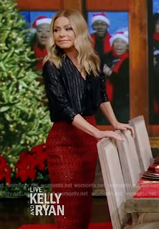 Kelly's red metallic tweed skirt on Live with Kelly and Ryan