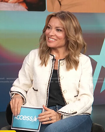 kit's white braid-trim tweed jacket on Access Hollywood