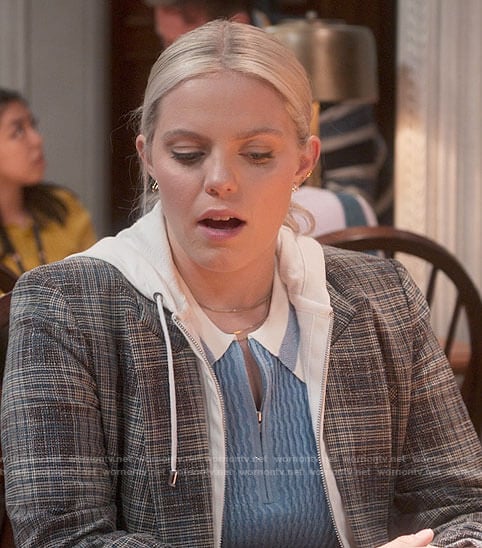Leighton's blue zip polo and plaid blazer on The Sex Lives of College Girls