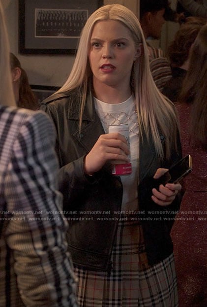 Leighton's rhinestone top and plaid skirt on The Sex Lives of College Girls