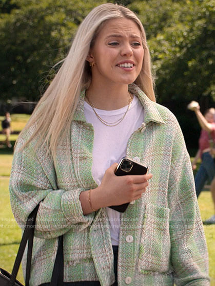 Leighton's green plaid tweed jacket and sneakers on The Sex Lives of College Girls