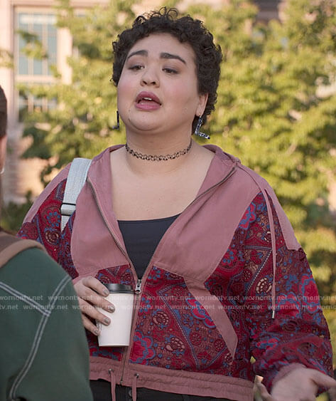 Lila's pink lace panel jacket on The Sex Lives of College Girls