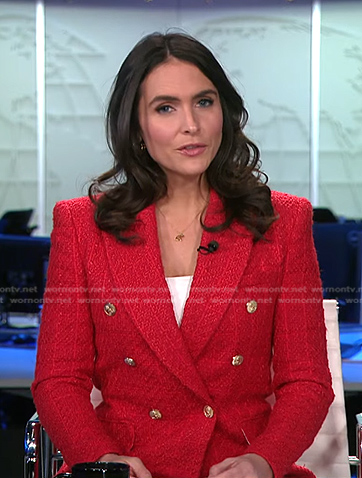 Lilia Luciano's red tweed blazer on CBS Evening News
