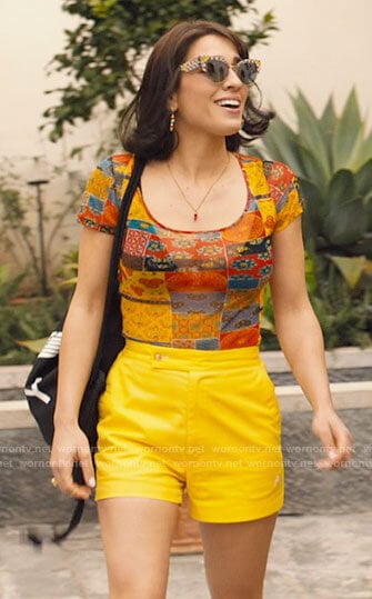 Lucia's patchwork print mesh top on The White Lotus