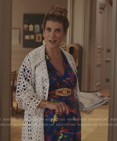 Madeline's blue floral print dress on Emily in Paris
