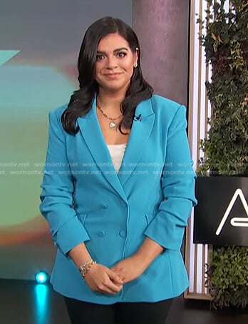 Mayan Lopez's blue ruched sleeve blazer on Access Hollywood