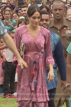 Meghan's pink printed pom pom dress on Harry and Meghan
