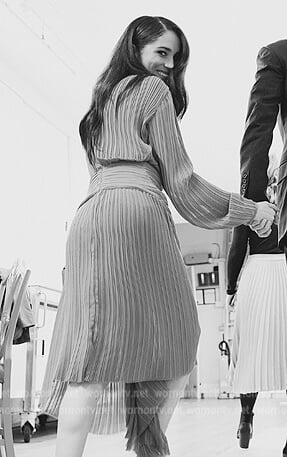 Meghan Markle's brown pleated asymmetric dress on Harry and Meghan