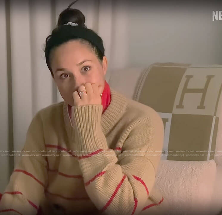 Meghan Markle's tan and red stripe sweater on Harry and Meghan