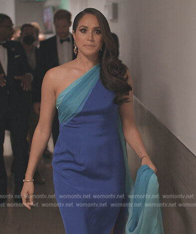 Meghan Markle's blue one shoulder gown on Harry and Meghan