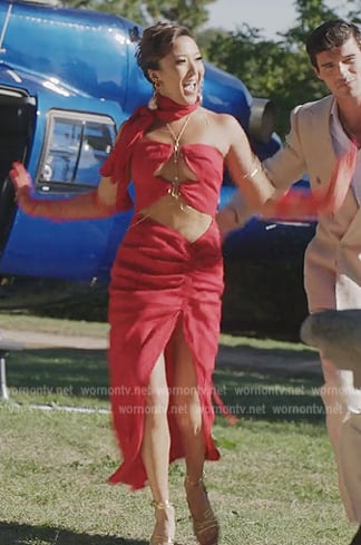 Mindy's red cutout ruched dress on Emily in Paris