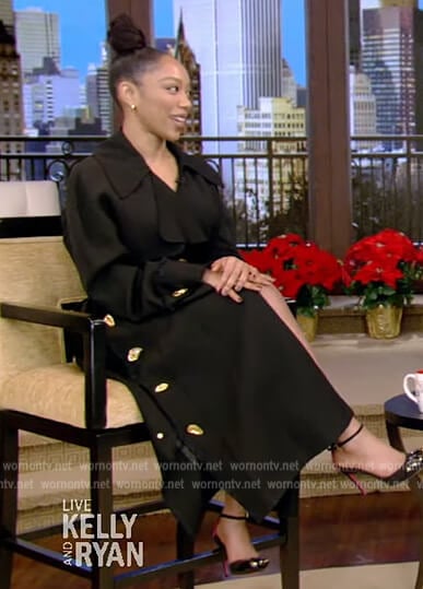 Naomi Ackie's black gold button coat on Live with Kelly and Ryan