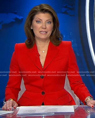 Norah's red peplum blazer on CBS Evening News
