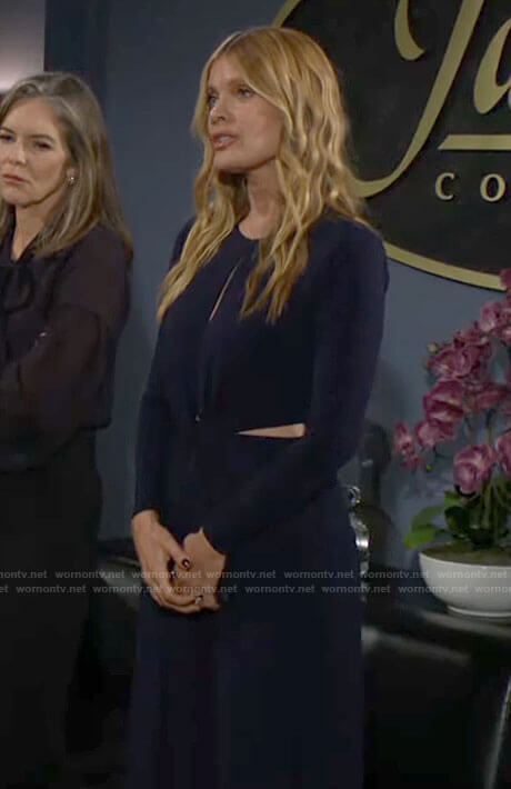 Phyllis's navy jumpsuit with cutouts on The Young and the Restless