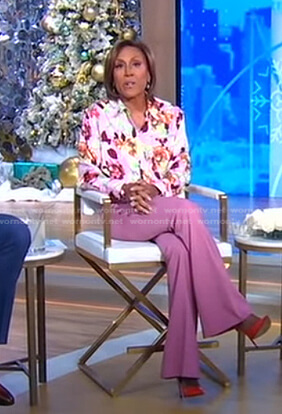 Robin's pink floral blouse and flare pants on Good Morning America
