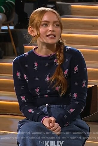 Sadie Sink's blue floral cashmere sweater on The Kelly Clarkson Show