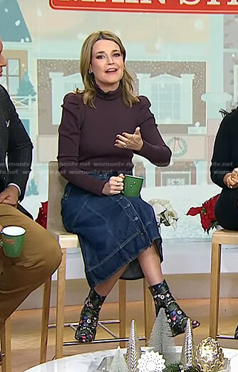 Savannah's brown puff sleeve top and denim skirt on Today