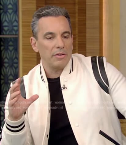 Sebastian Maniscalco's white leather bomber jacket on Live with Kelly and Ryan